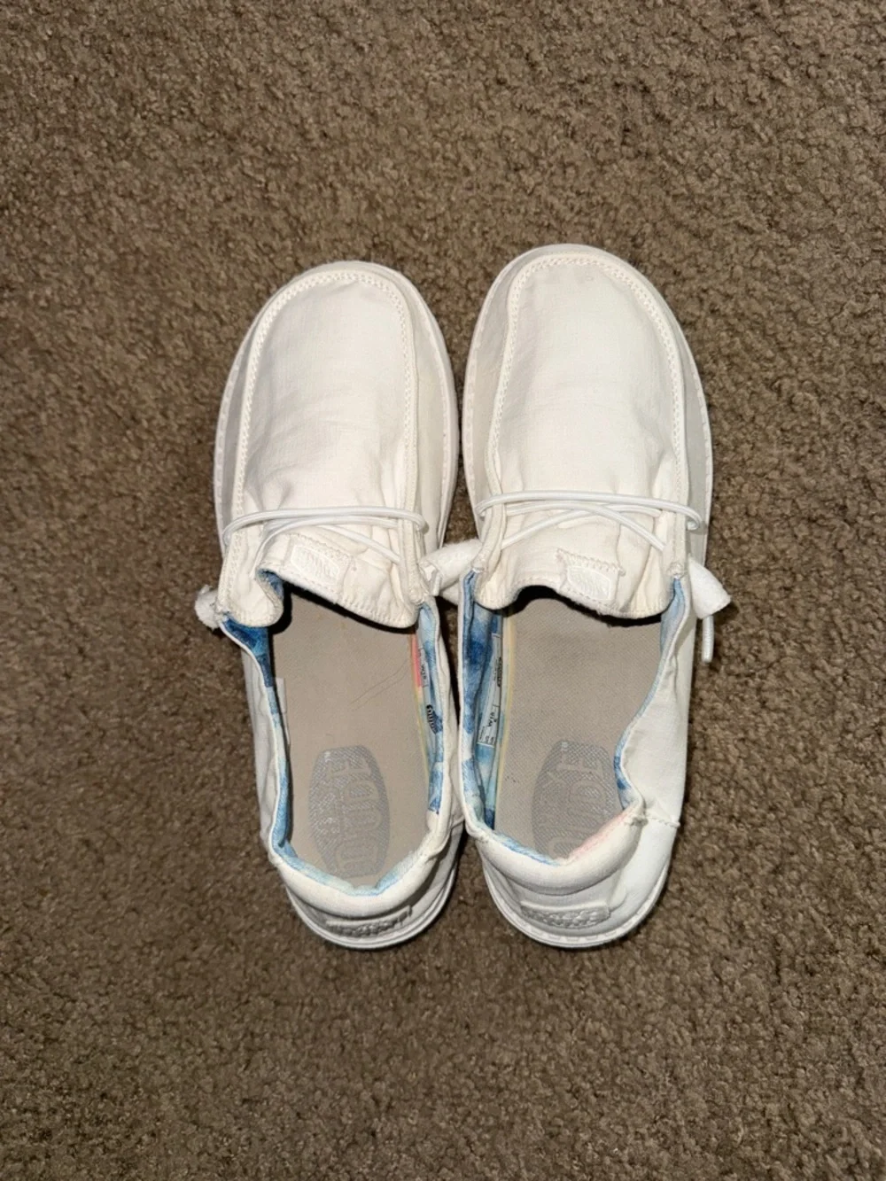 Hey Dude Women’s White Slip-On Sneakers with Blue Inner Pattern - Picture 13 of 13